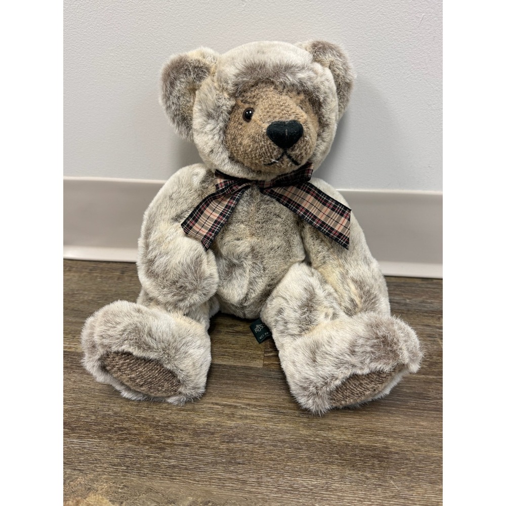 Russ Berrie Wesley Teddy Bear Grey Faux Fur Brown Tweed Plaid Bow 16 inch Plush